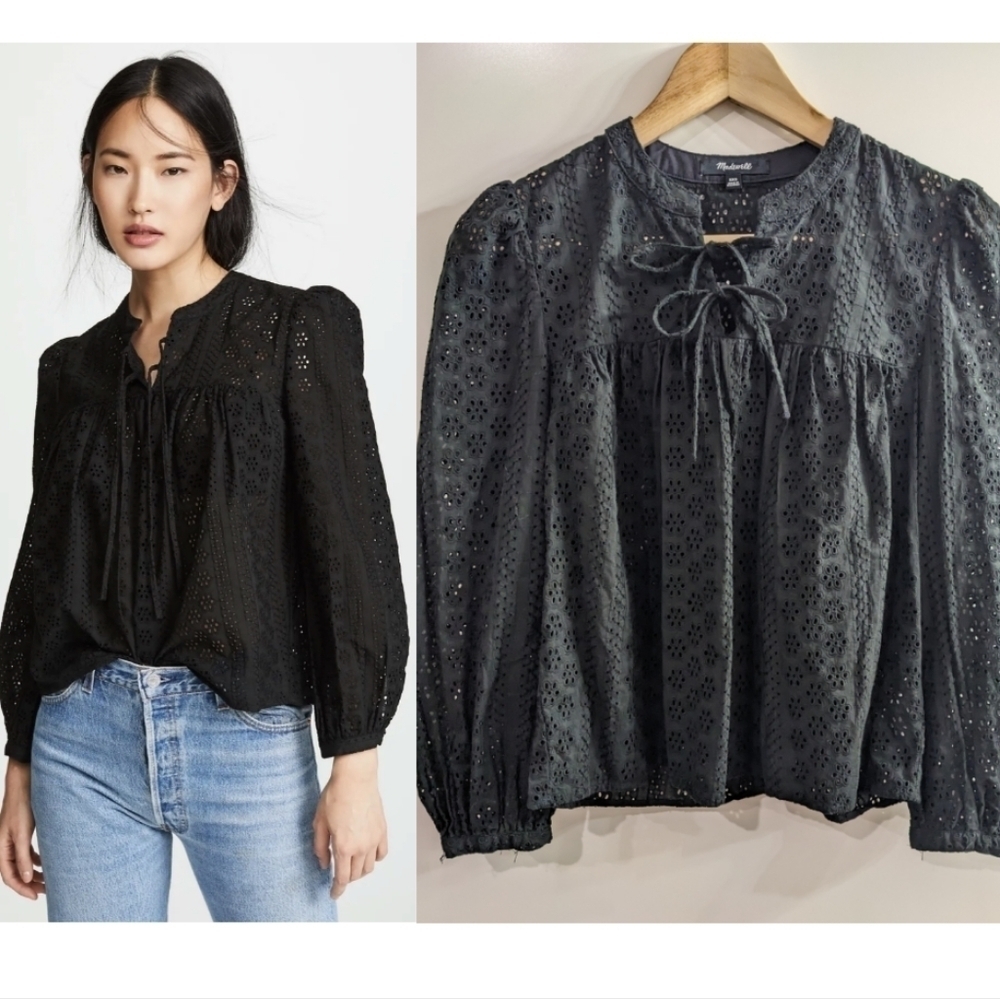 Madewell | Eyelet Double-Tie Peasant Top in Black